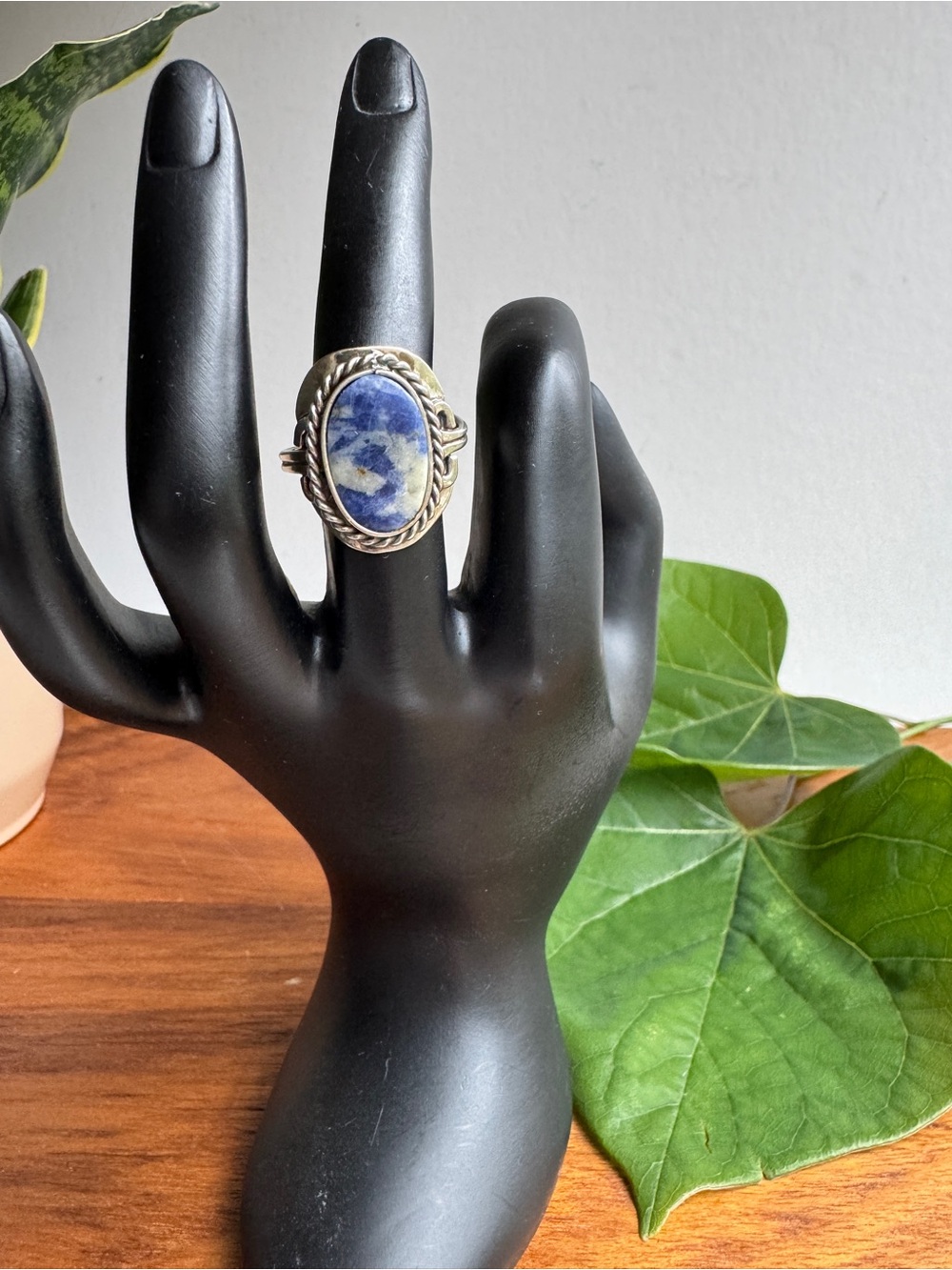Vintage Handmade Silver Sodalite Stone Rope Scroll Ring